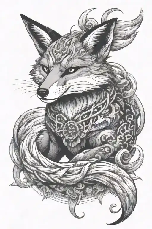 mystical legendary fox with nine tails and a black hole tattoo design idea