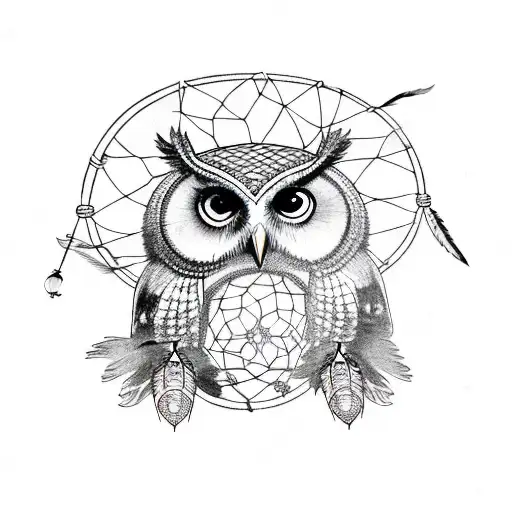 owl with dream catcher going through it tattoo design idea