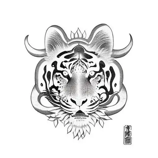 dragon with tiger head around japanese flower  tattoo design idea