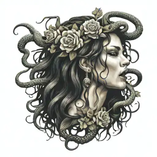 Medusa crying with snakes coming out with fangs  around her and flowers  tattoo design idea