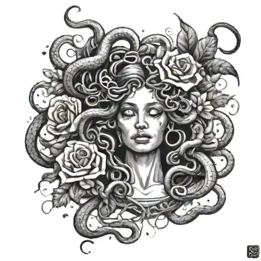 Medusa crying with snakes around her and flowers  tattoo design idea