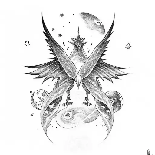 a huge dragon covering a galaxy with his wings. Destroyed planets and dead stars cant be seen in the background tattoo design idea