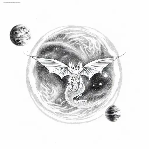 a huge dragon covering a galaxy with his wings. Destroyed planets and dead stars cant be seen in the background tattoo design idea