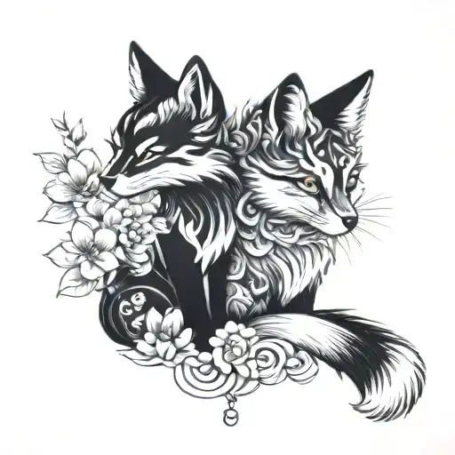 fox and cat black and white couple tattoo tattoo design idea