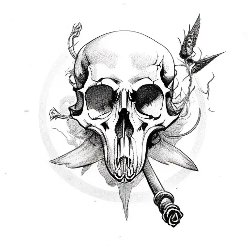 plague Doktor with hawk skull as mask and a scythe and a rose in hands tattoo design idea