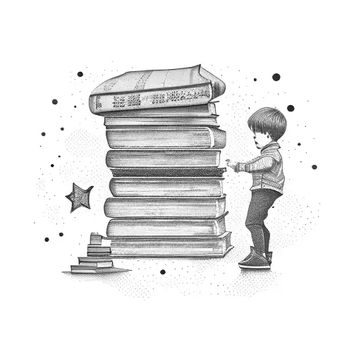 a child standing on top of books reaching to the stars tattoo design idea