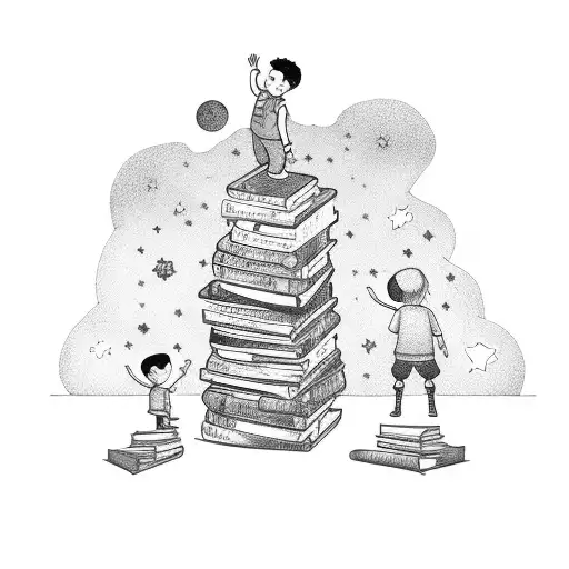 a child standing on top of a stack of books reaching his hand out to the stars tattoo design idea