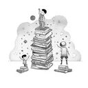 a child standing on top of a stack of books reaching his hand out to the stars tattoo design idea