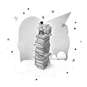 a child standing on top of a stack of books reaching his hand out to the stars tattoo design idea