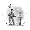 a child standing on top of a stack of books reaching his hand out to the stars tattoo design idea