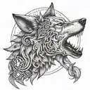 An intricate design of a wolf howling at the moon with a medical caduceus incorporated tattoo design idea