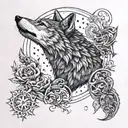 An intricate design of a wolf howling at the moon with a medical caduceus incorporated tattoo design idea