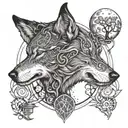 An intricate design of a wolf howling at the moon with a medical caduceus incorporated tattoo design idea