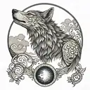 An intricate design of a wolf howling at the moon with a medical caduceus incorporated tattoo design idea