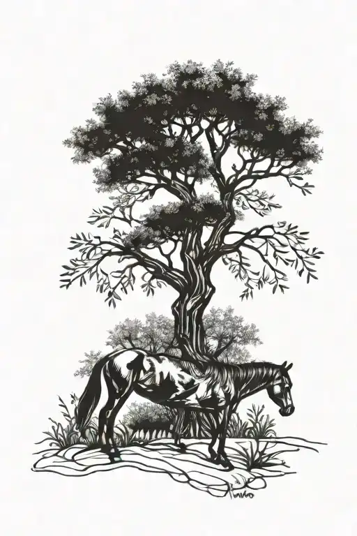 horse dog and olive trees tattoo design idea