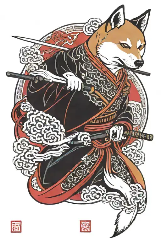 samurai shiba inu japan style tattoo featuring colored red background tattoo design idea