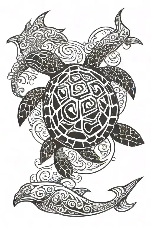 tribal turtle with dolphin  tattoo design idea