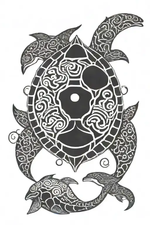 tribal turtle with dolphin in the shell pattern tattoo design idea