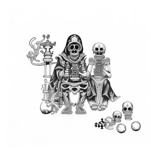 Santa muerte and la catrina playing chess with the 3 wise monkeys as pieces tattoo design idea