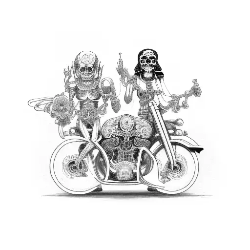 Santa muerte and la catrina riding motorcycles with the 3 wise monkeys as their passengers tattoo design idea