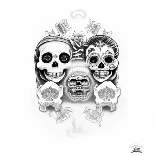 Santa muerte and la catrina playing chess with the 3 wise monkeys as pieces tattoo design idea