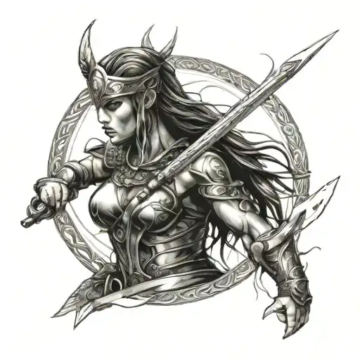 Valkyrie warrior wielding a sword, braided hair,  tattoo design idea