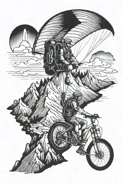 paraglider fly , mountain , camping , hiking , bicycle  tattoo design idea