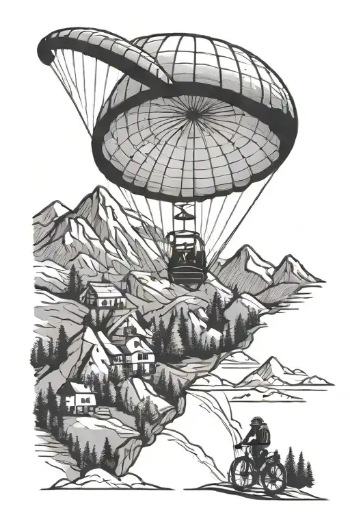 paraglider fly , mountain , camping , hiking , bicycle  tattoo design idea