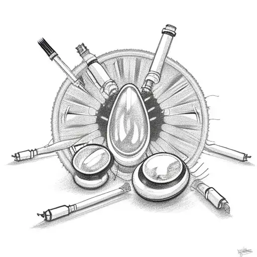 Needles, pills, razors, psychadelic mushrooms tattoo design idea