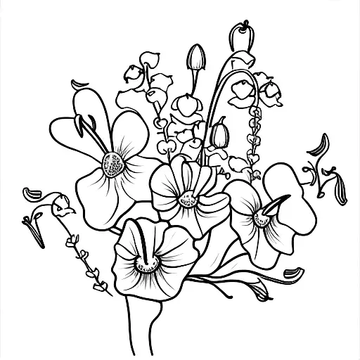 bouquet of lily of the valley, morning glory, and honeysuckle tattoo design idea