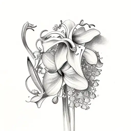 bouquet of lily of the valley, morning glory, and honeysuckle tattoo design idea