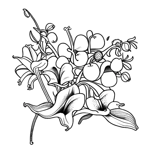 bouquet of lily of the valley, morning glory, and honeysuckle tattoo design idea