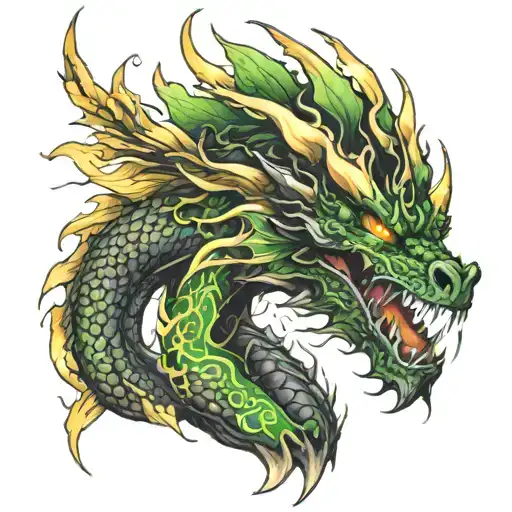 Black and Gold Dragon breathing Green Flames tattoo design idea