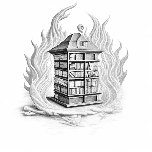 library on fire renaissance engraving  tattoo design idea