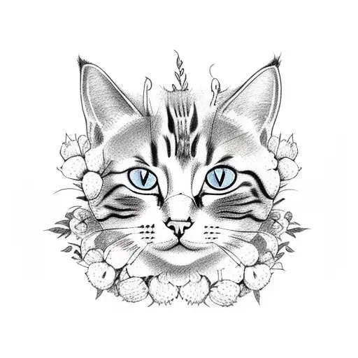 full body of a cat with moon and chrysanthemums  tattoo design idea