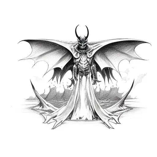 a full body demon with black bat wings floating in the air tattoo design idea