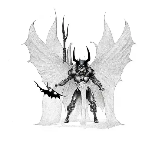 a full body devil with black bat wings floating in the air tattoo design idea
