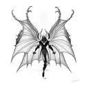 a full body devil floating in the air, with black bat-like wings tattoo design idea