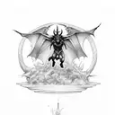 a full body devil floating in the air, with black bat-like wings tattoo design idea