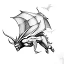 a full body devil floating in the air, with black bat-like wings tattoo design idea