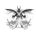 a full body demon with black bat wings floating in the air tattoo design idea