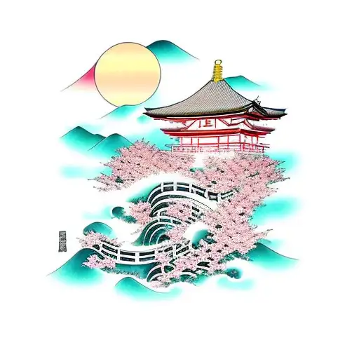 Waves with Cherry Blossoms and a shrine tattoo design idea