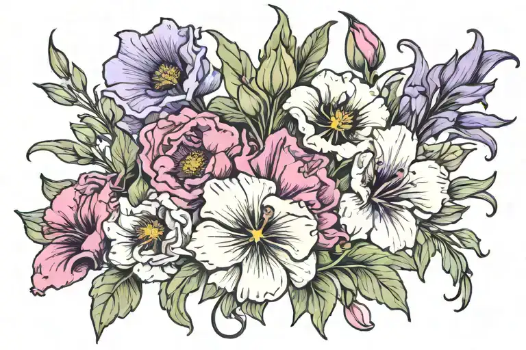 narciss flower & poppy flower & Gladiolus flower & Carnation flower & snowdrop flower & violet flower & primrose flower tattoo design idea
