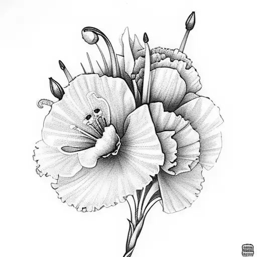 mix of carnations and snowdrops and poppies and gladiolus long stems with wedding rings on stems vining on leg tattoo design idea