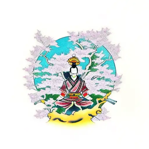 samurai meditates under cherry blossom tree in a temple tattoo design idea