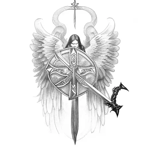 angel with sword and shield with cross tattoo design idea