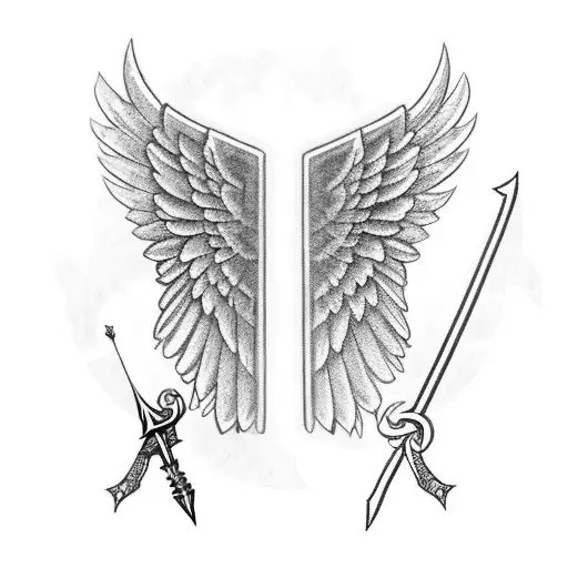 angel wings small shield with cross and sword tattoo design idea