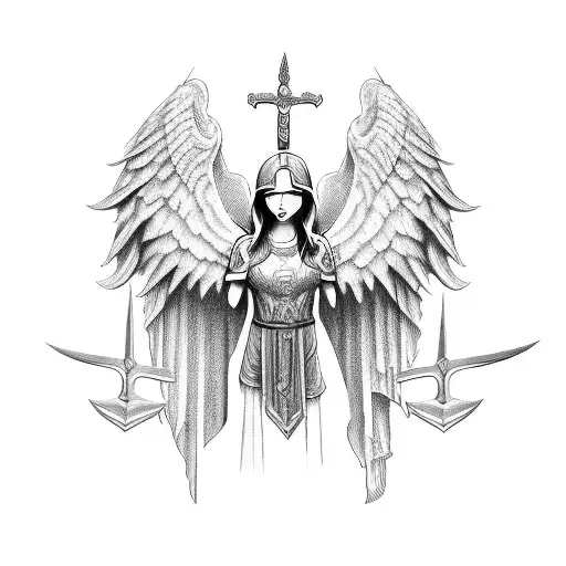 angel with sword and shield cover face tattoo design idea