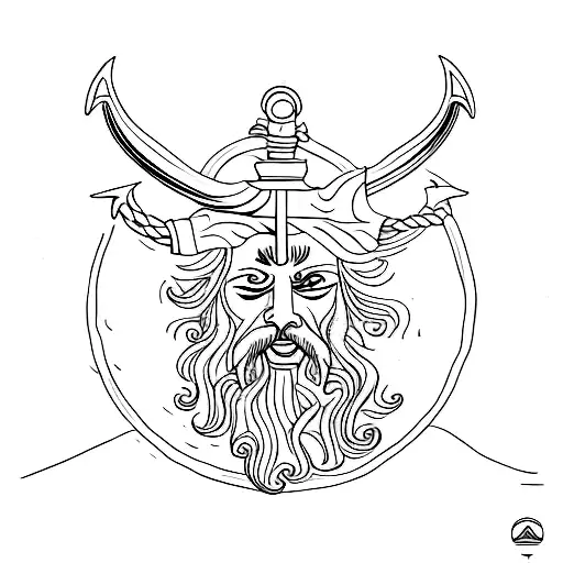 A minimalist tattoo of Poseidon's face with his trident in the middle tattoo design idea