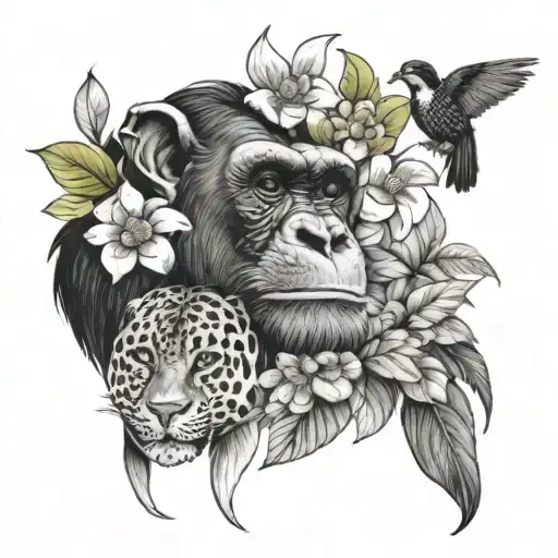 A chimpanzee with a jaguar and a turpial bird with flowers tattoo design idea